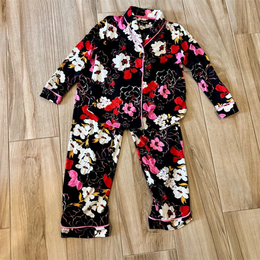Room Service Pajama Set Womens Size S Black Pink Floral 2-Piece Button